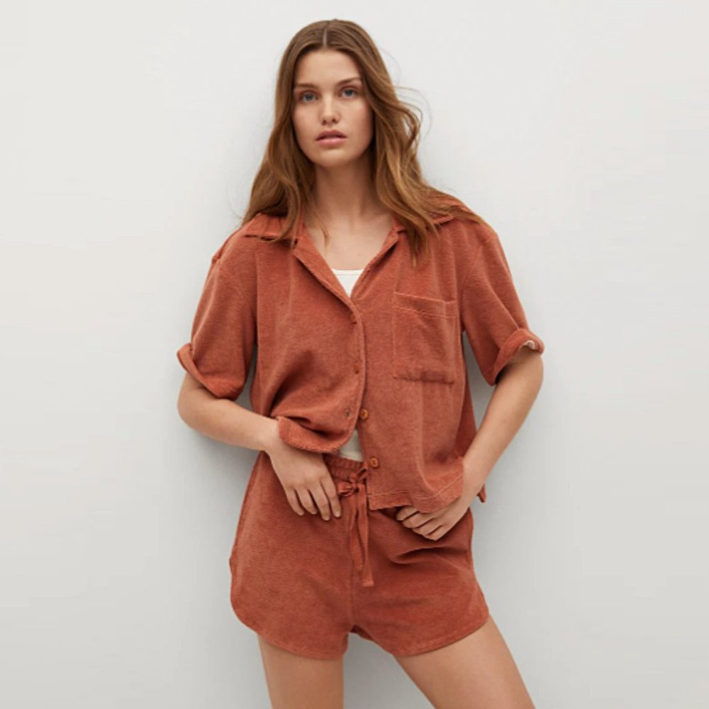 MANGO MNG Brown Terry Cloth Towel Cotton Shirt Shorts Suit Set